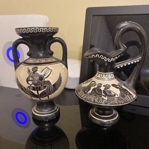 Vintage 2pc D. Vassilopoulos Greece Ceramic Pottery Pitcher Hand Made & Painted